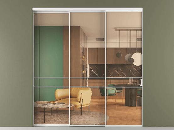 Алюминевая перегородка АЛПР 040.02_АБЛ_ПРОЗ ОРАНЖ_new. Цвет Алюминий белоснежный. Материал Алюминий в эмали. Коллекция Перегородка Формато внутри проёма 3 створки с синхронным механизмом. Картинка.