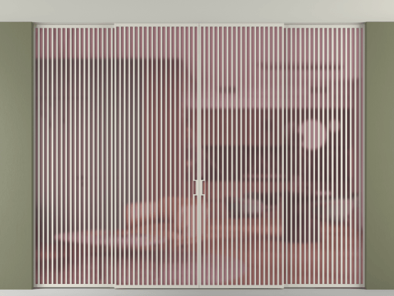 Алюминевая перегородка vn2+2_06 Алюминий тёплый серый Сатинированное розовое стекло, триплекс, 6мм. Цвет Алюминий тёплый серый. Материал Алюминий в эмали. Коллекция Перегородка Формато внутри проёма скрытое крепление в потолок 4 створки. Картинка.