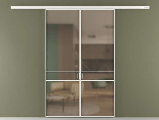 Алюминевая перегородка АЛПР 040.02_АБЛ_Бронза сатин триплекс_new. Цвет Алюминий белоснежный. Материал Алюминий в эмали. Коллекция Перегородка Формато вдоль стены 2 створки. Картинка.