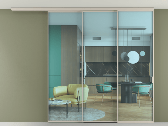 Алюминевая перегородка АЛПР 040.01_АСБЖ_ПРОЗ ГОЛ_new. Цвет Алюминий светло-бежевый. Материал Алюминий в эмали. Коллекция Перегородка Формато вдоль стены на потолок 3 створки с синхронным механизмом. Картинка.