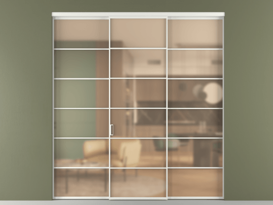 Алюминевая перегородка vn1+2_04_ Алюминий светло-серый Сатинированное оранжевое стекло, триплекс, 6мм. Цвет Алюминий светло-серый. Материал Алюминий в эмали. Коллекция Перегородка Формато внутри проёма 3 створки. Картинка.